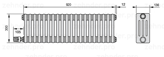 Схема (чертеж) Радиатор Zehnder Charleston 4030/20 №V004 Белый глянцевый RAL 9016